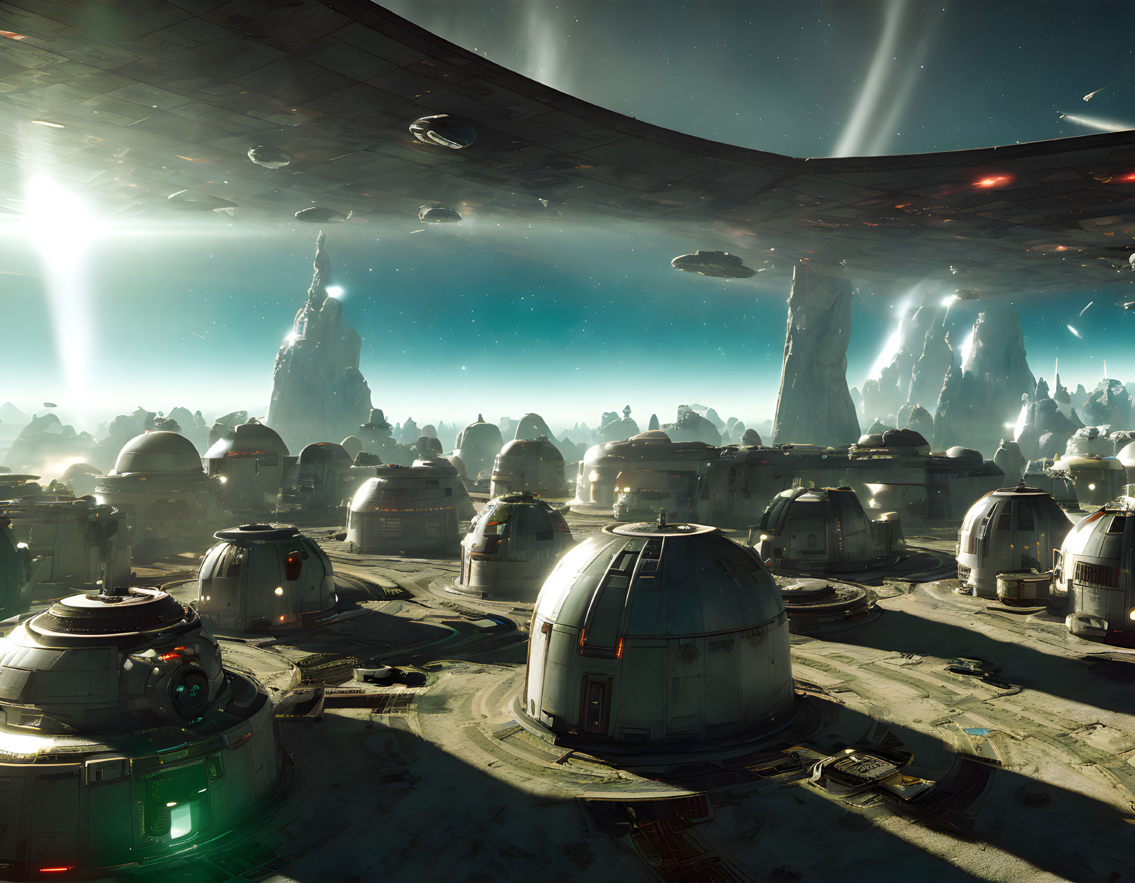 Futuristic city with dome-shaped buildings on rocky terrain under starry sky viewed from spaceship window