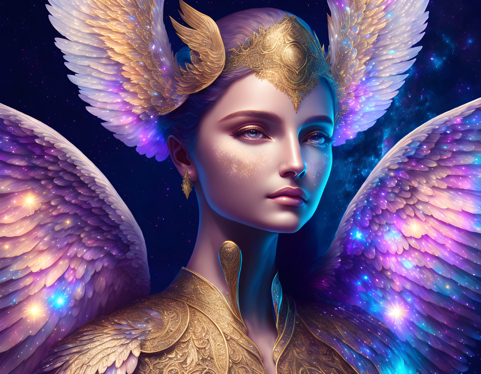 Majestic woman with multi-colored wings in cosmic setting