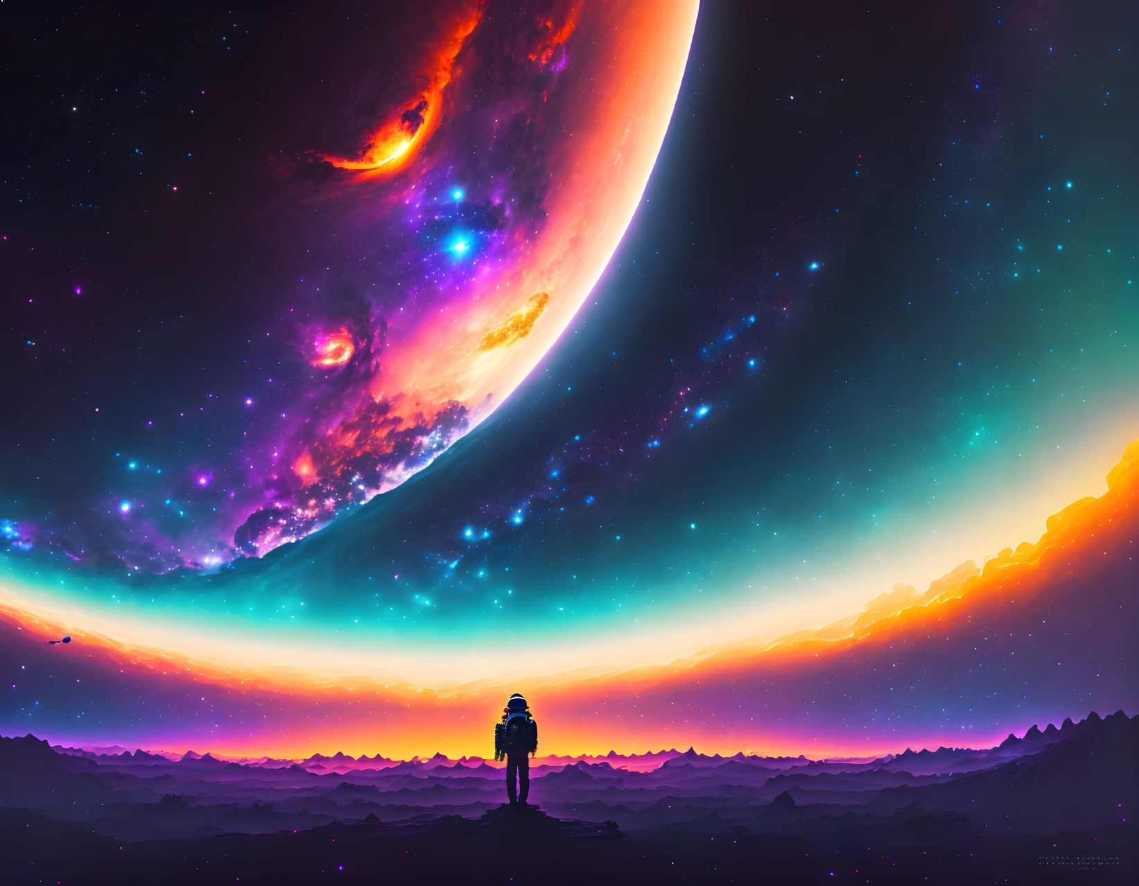 Person admiring surreal cosmic sky with giant planet and stars