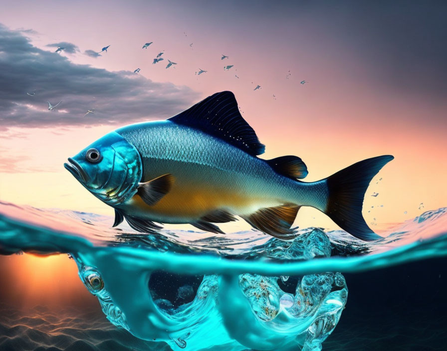 Colorful Fish Swimming Near Surface at Sunset Sky