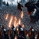 Fantasy warriors with horns and armor breathing fire in fiery battleground