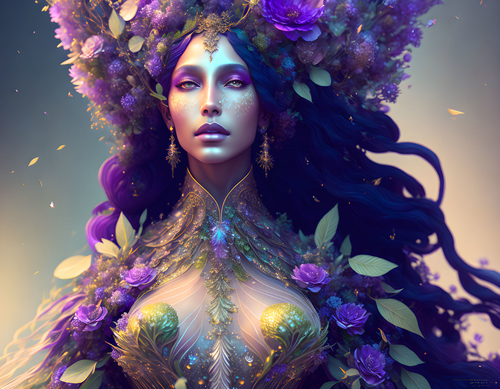 Whimsical portrait of female figure with blue hair, purple flower crown, golden accents, and botanical