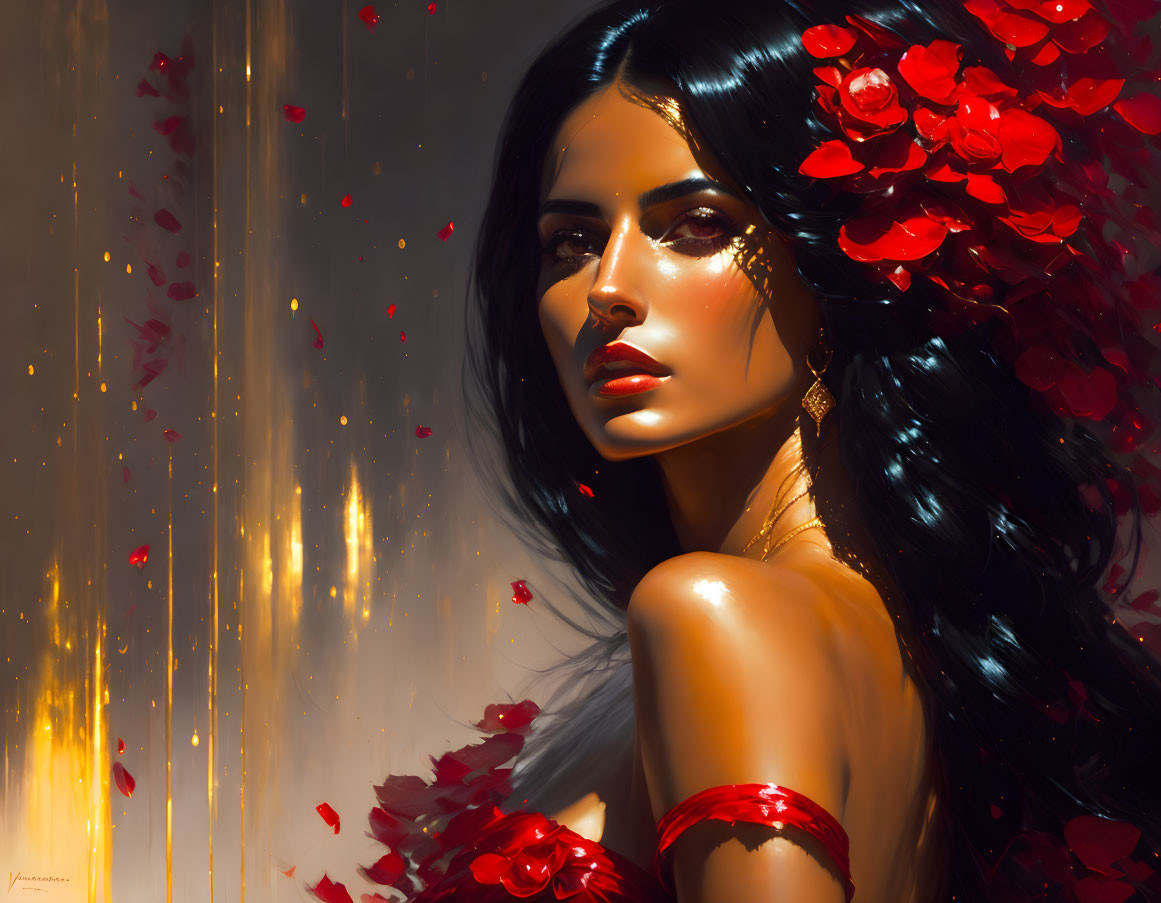 Dark-haired woman with red flowers and accessory in golden backdrop