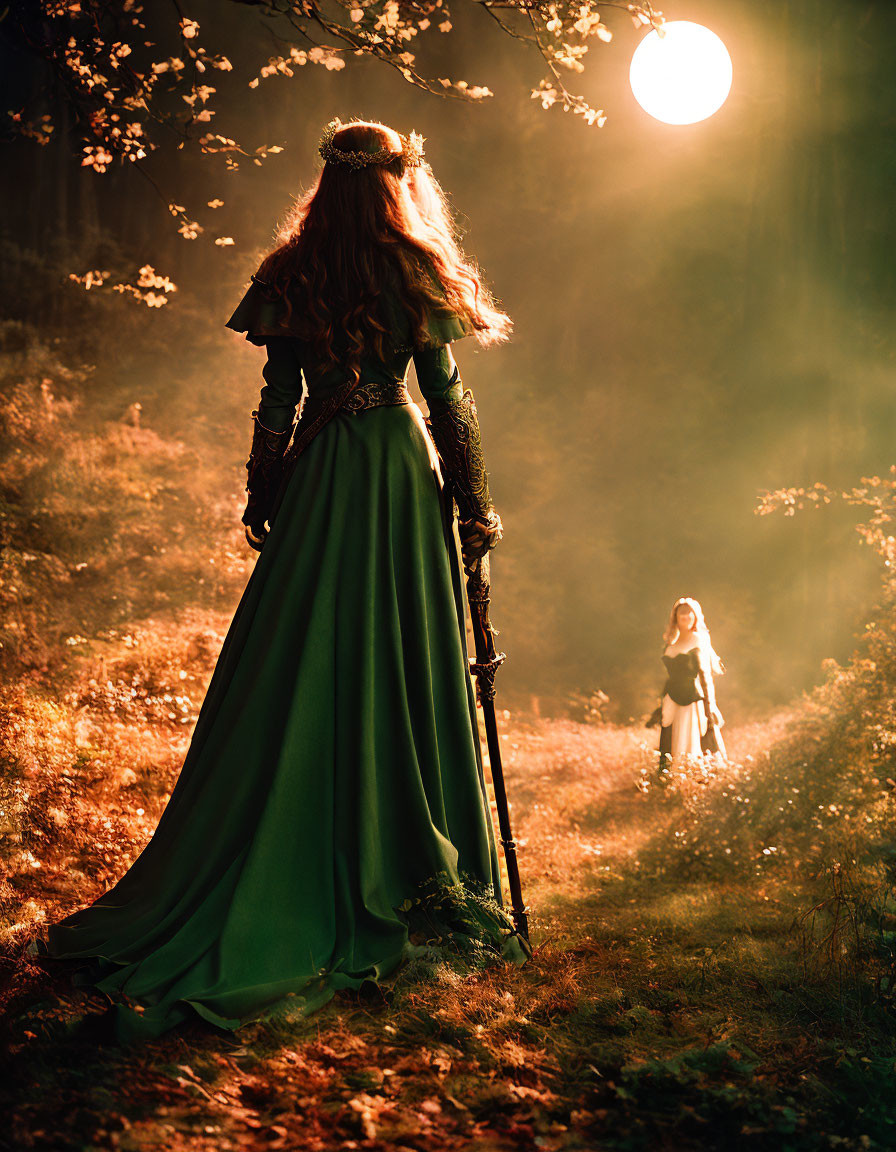 Medieval woman in green gown gazes at child in sunlit forest