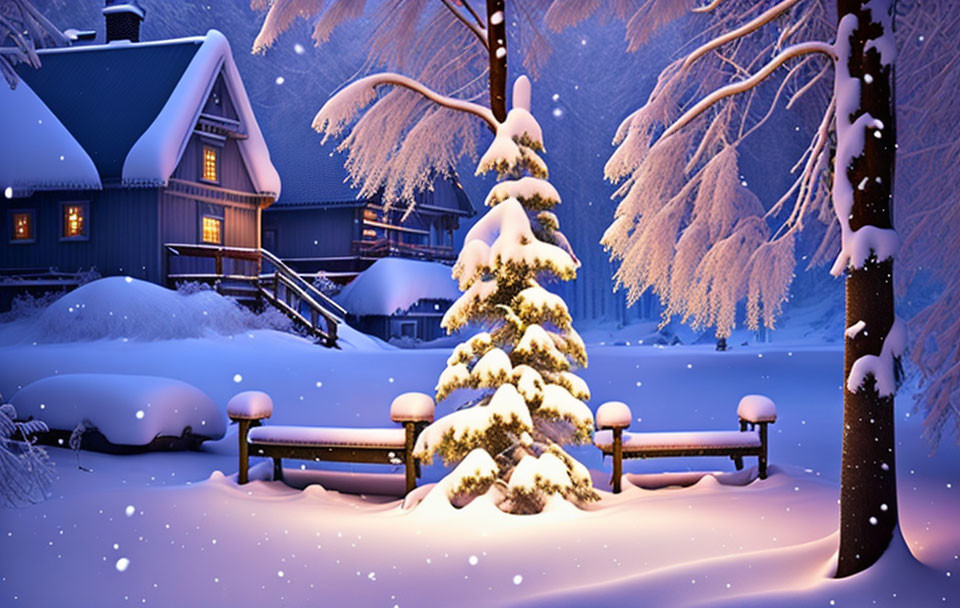 Snow-covered night landscape with Christmas tree, snowy houses, bench, and purple sky