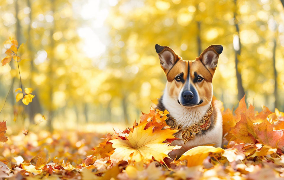 Brown and White Dog with Leaf Necklace in Sunlit Autumn Forest