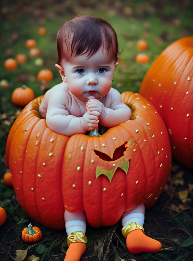 Blue-eyed baby in orange pumpkin with mini pumpkins, holding stem