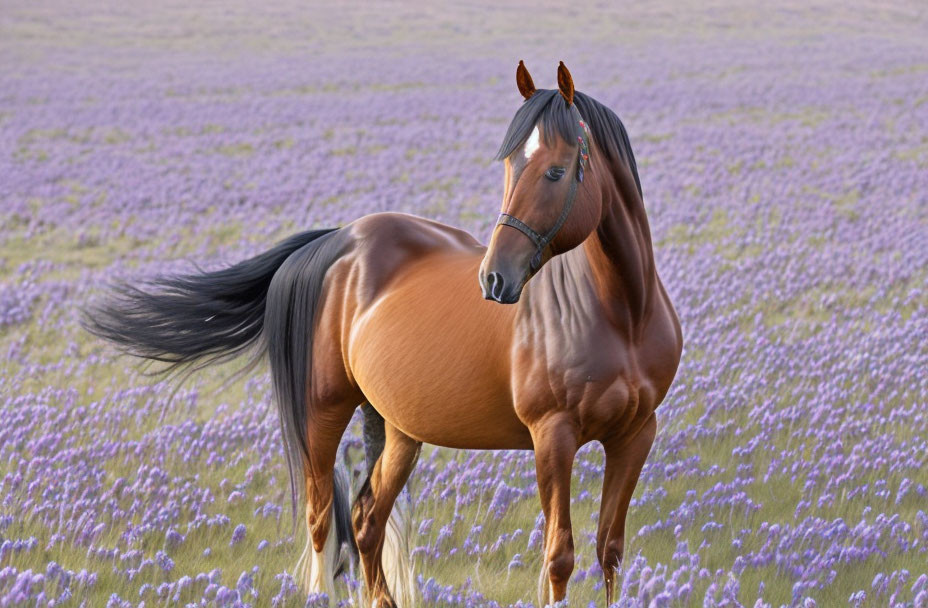 Brown Horse with Black Mane in Lavender Field