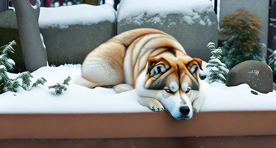 Animated Dog Resting on Snowy Bench in Winter Scene