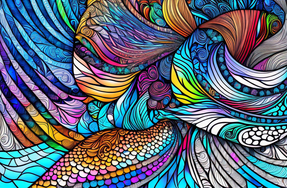 Colorful Abstract Image with Swirling Feathers and Scales in Vibrant Hues