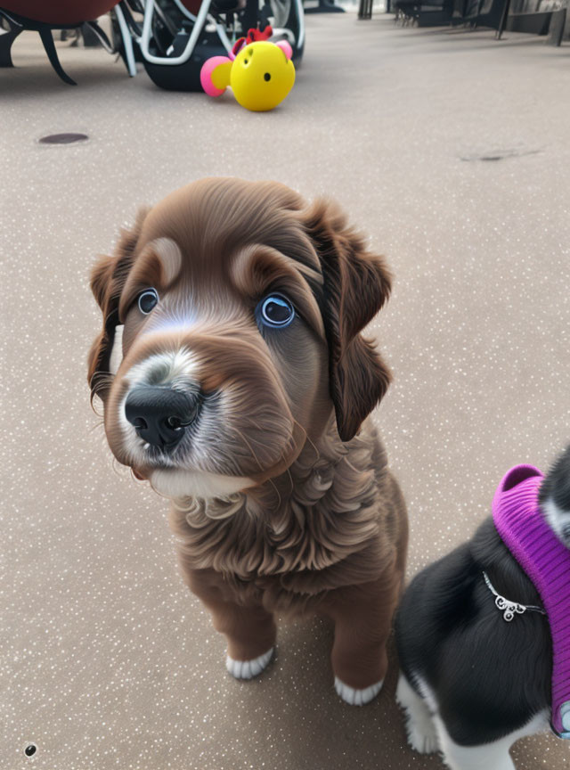 Adorable Brown Puppy with Blue Eyes and Second Puppy in Foreground