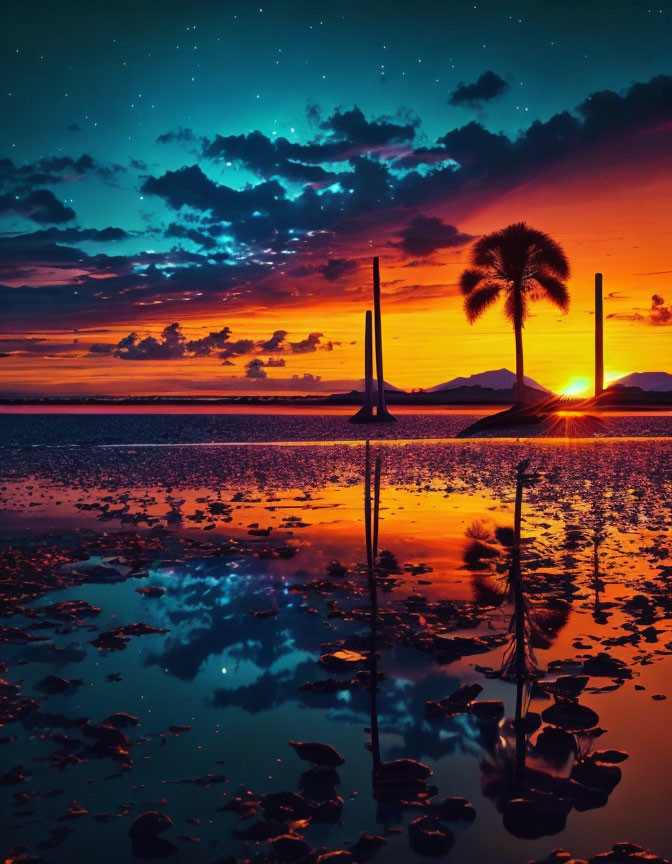 Colorful sunset reflection on water with palm tree and pillars under starry sky