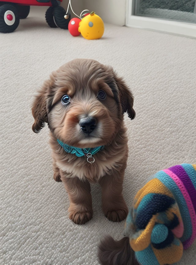 Brown Curly-Furred Puppy on Carpet with Blue Collar and Toys