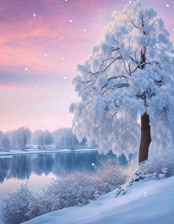 Snow-covered tree in twilight landscape with icy vegetation and star-speckled sky