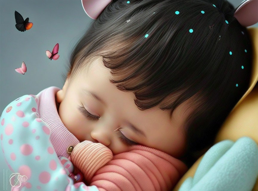 Sleeping child in polka dot outfit with plush toys and butterflies.