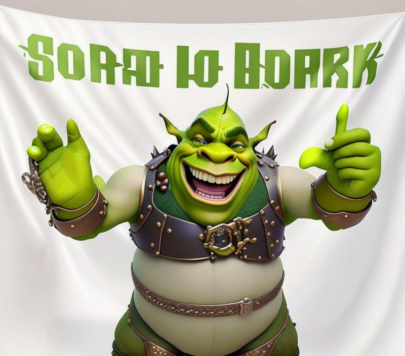 Smiling ogre with thumbs up and "SORA LO DARK" text in brown medieval attire