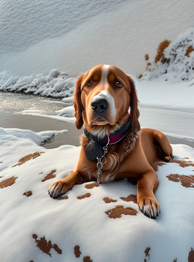 Brown Dog Resting on Snow-Dusted Ground by Water and Autumn Trees