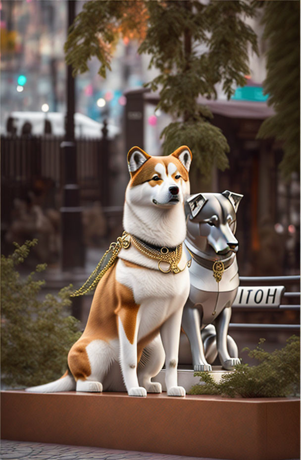 Shiba Inu and statue with golden chain collar on urban ledge.