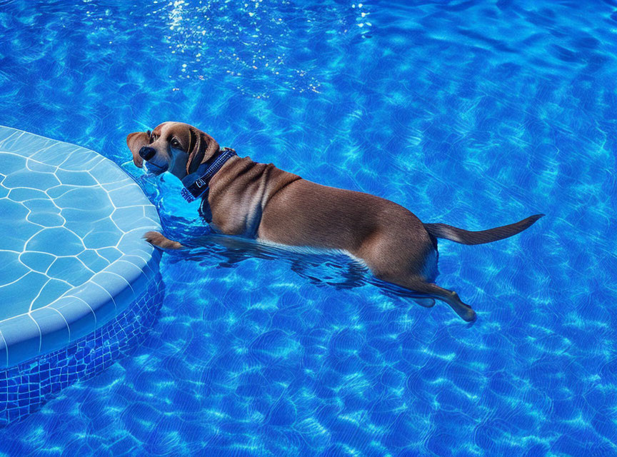 Brown Dog Floating in Pool with Blue Collar