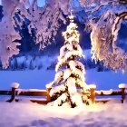 Snow-covered night landscape with Christmas tree, snowy houses, bench, and purple sky