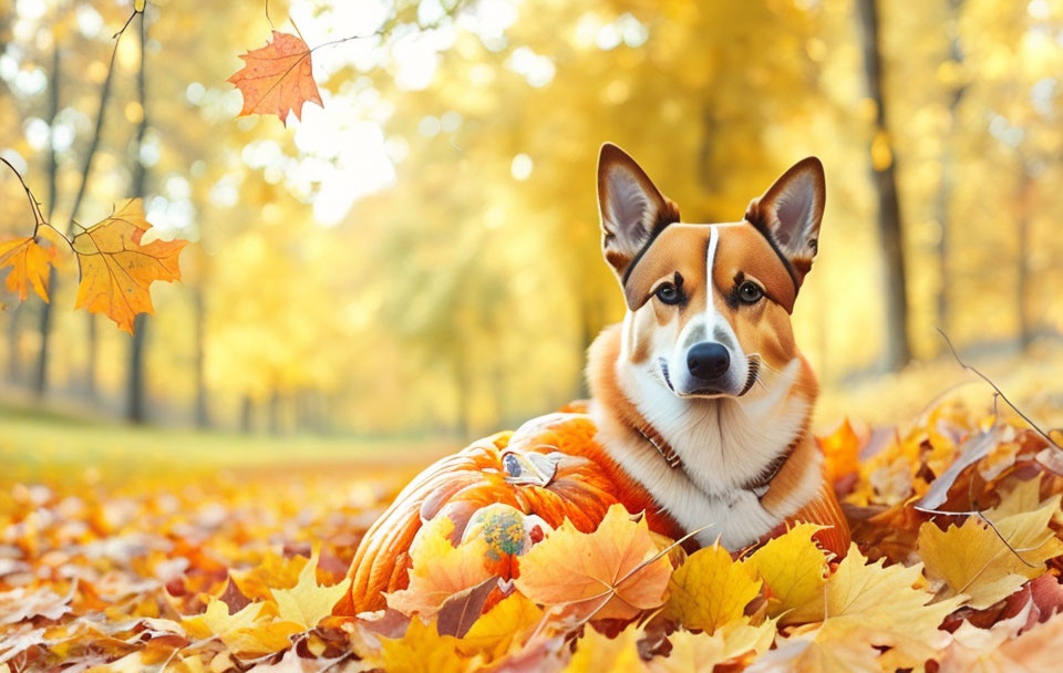 Corgi Dog in Autumn Forest with Pumpkins and Leaves