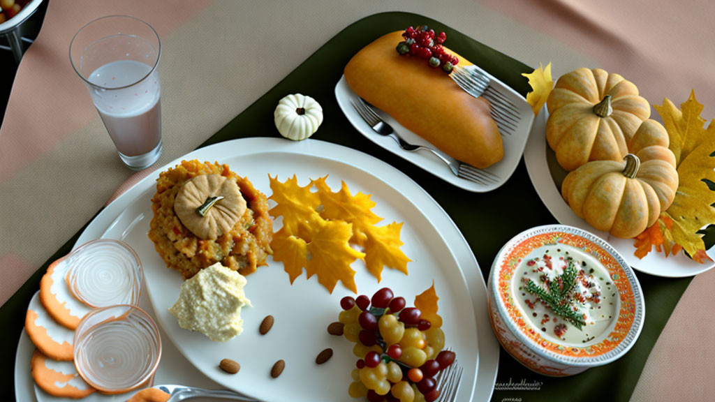 Festive Thanksgiving meal with bread loaf, milk, pumpkin decor, cheese, and soup bowl.