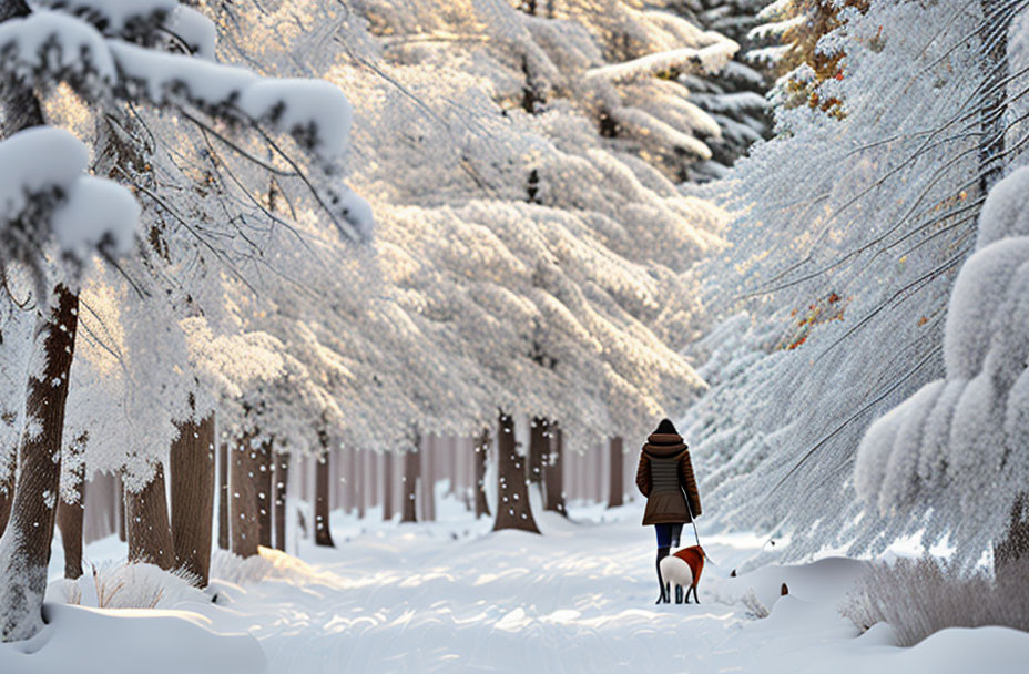 Person in winter attire admiring snow-covered forest with sunlight filtering through canopy