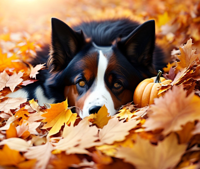 Black and white dog with brown markings in autumn setting with pumpkin