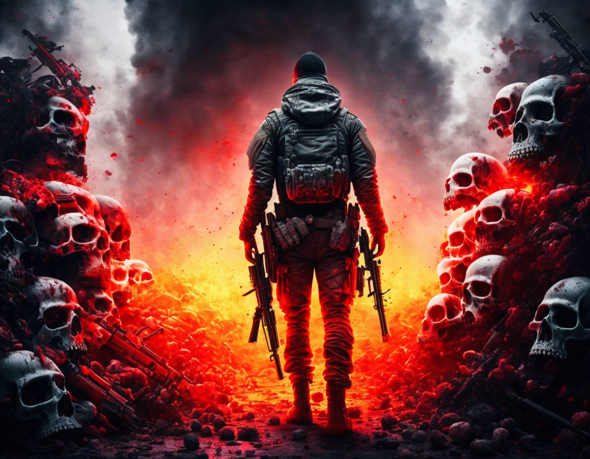 Person in tactical gear amid skulls and fiery destruction in post-apocalyptic setting