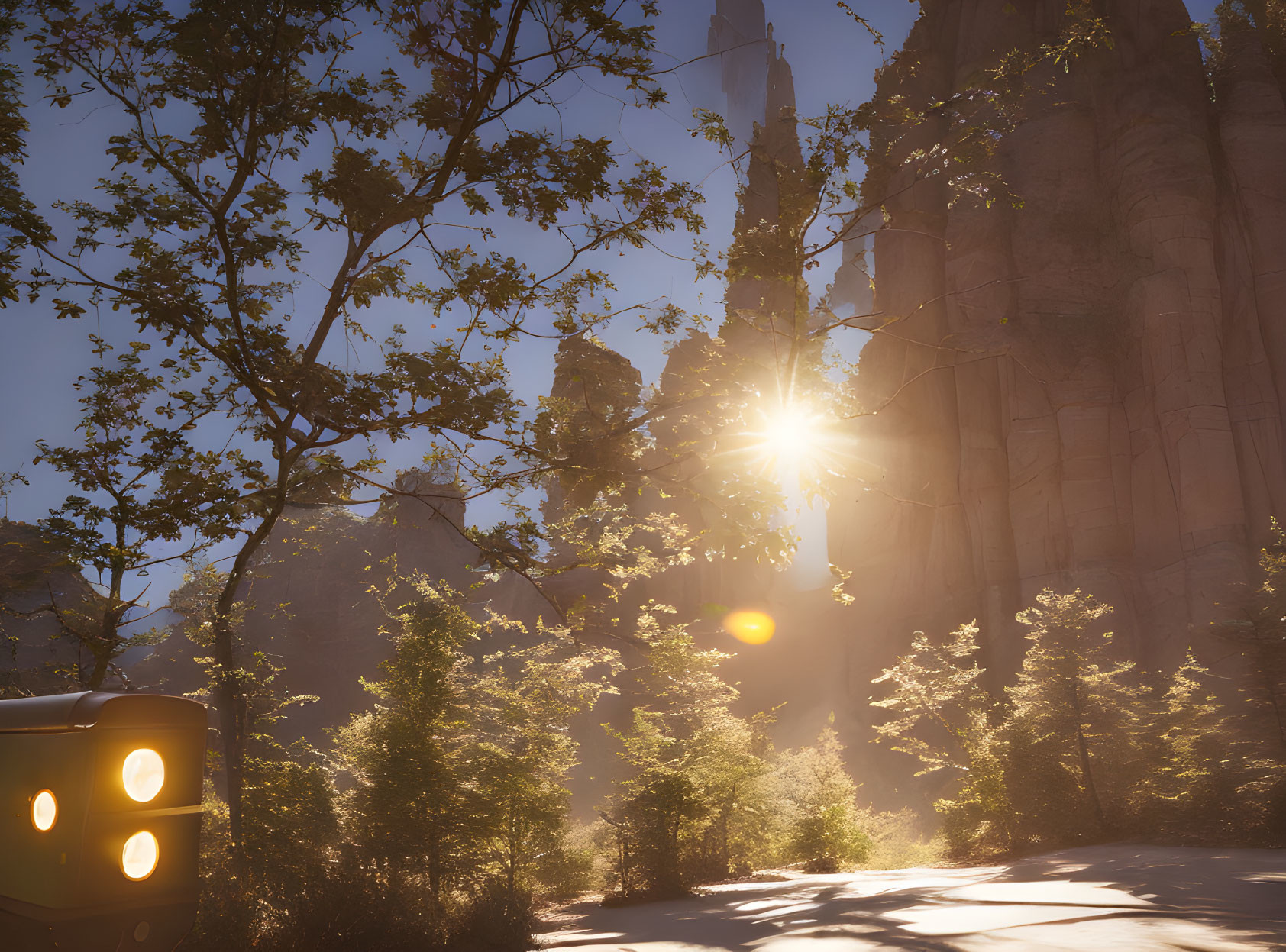 Sunbeams through trees, rocks, and green dice on sandy path