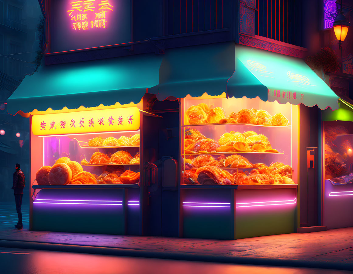 Neon-lit street scene at dusk with colorful storefront and golden baked goods