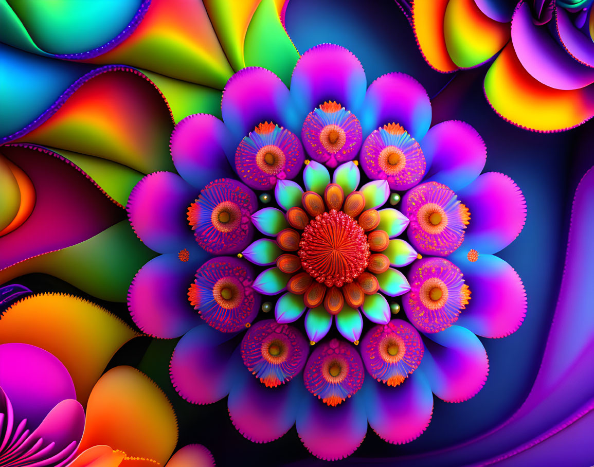 Colorful fractal flower digital art in blue, purple, orange, and pink