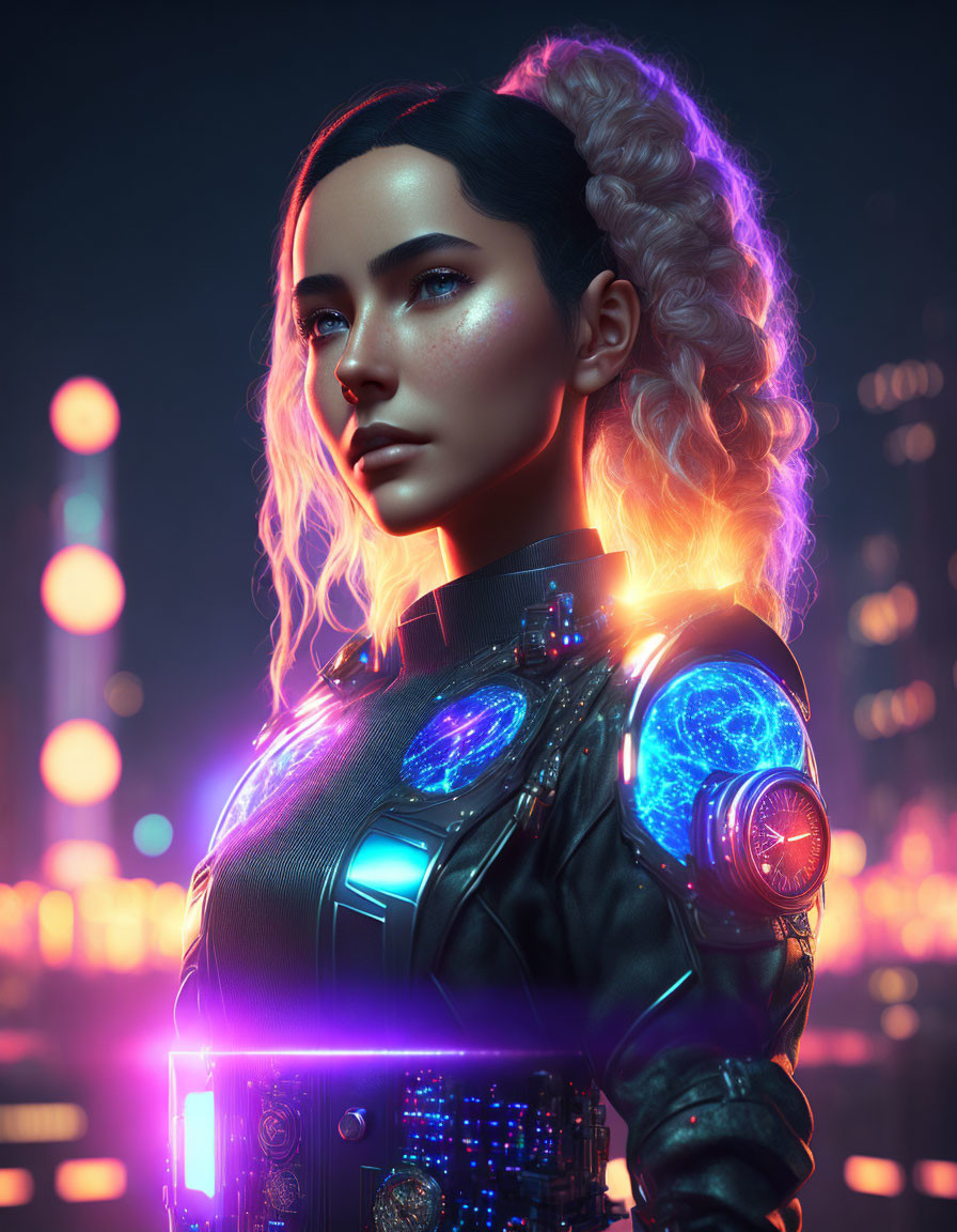 Braided hair woman in futuristic armor with blue elements in neon cityscape