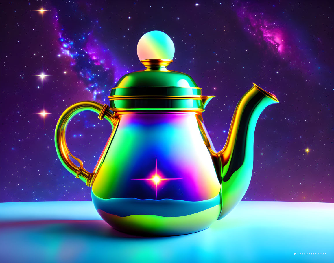 Iridescent Teapot with Cosmic Background and Soft Glow