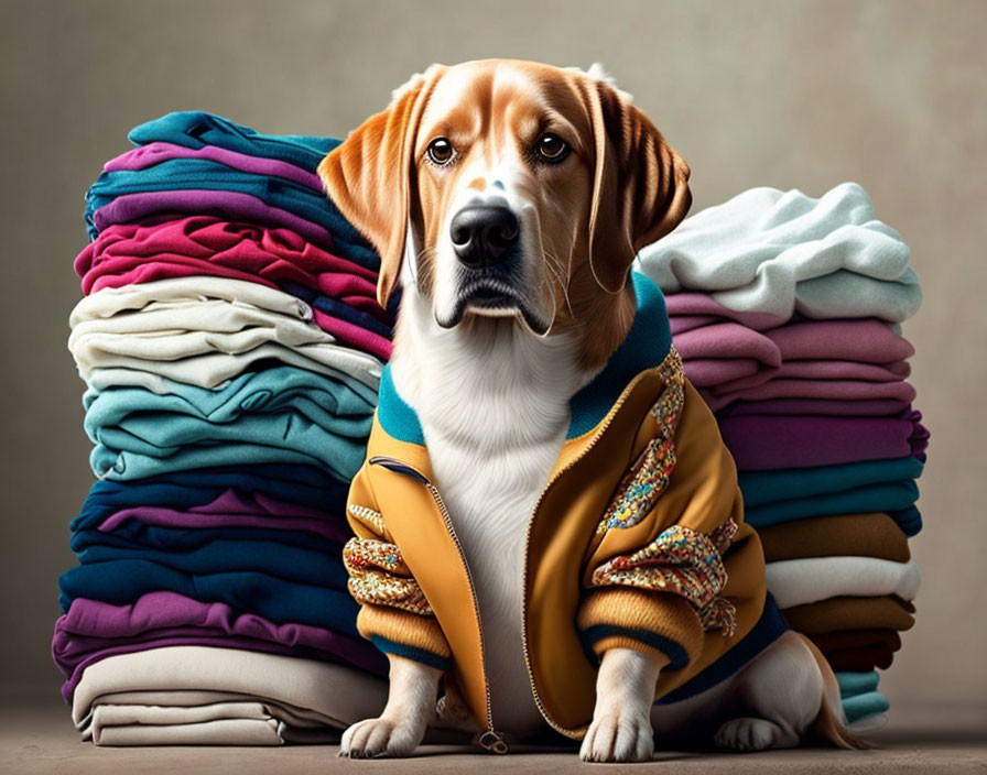 Brown and White Dog in Stylish Jacket Surrounded by Colorful Folded Clothes