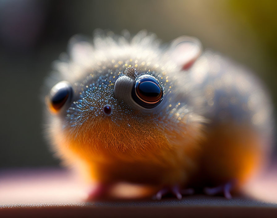 Whimsical fuzzy creature with large glossy eyes and dewdrops on fur