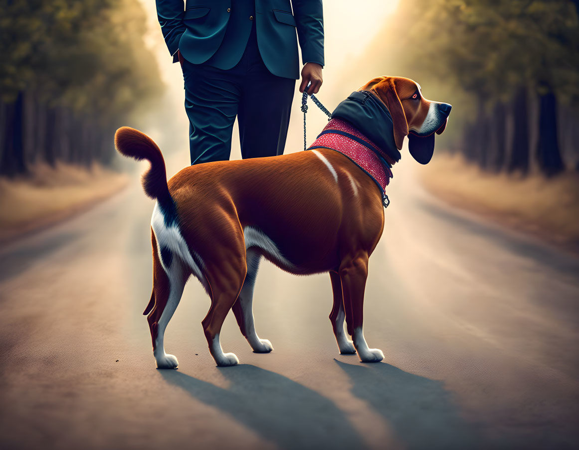 Professional in suit with large dog on leash at sunset on tree-lined road