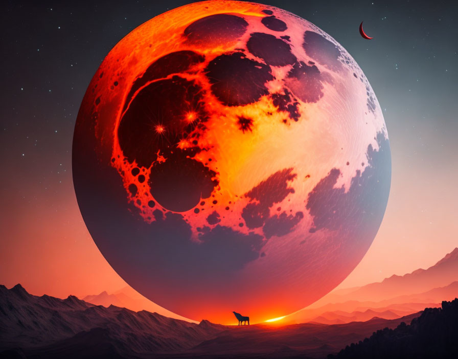 Giant red moon over mountain landscape with lone giraffe at sunset