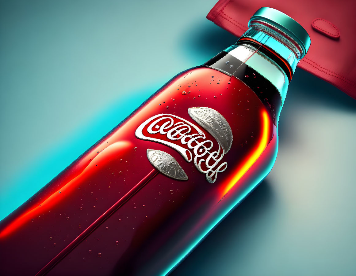 Condensation droplets on Coca-Cola bottle on blue background with red object