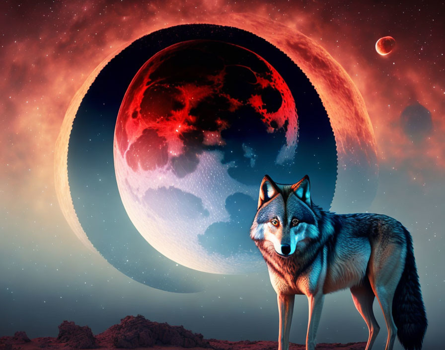 Wolf on rocky terrain under red moon and stars