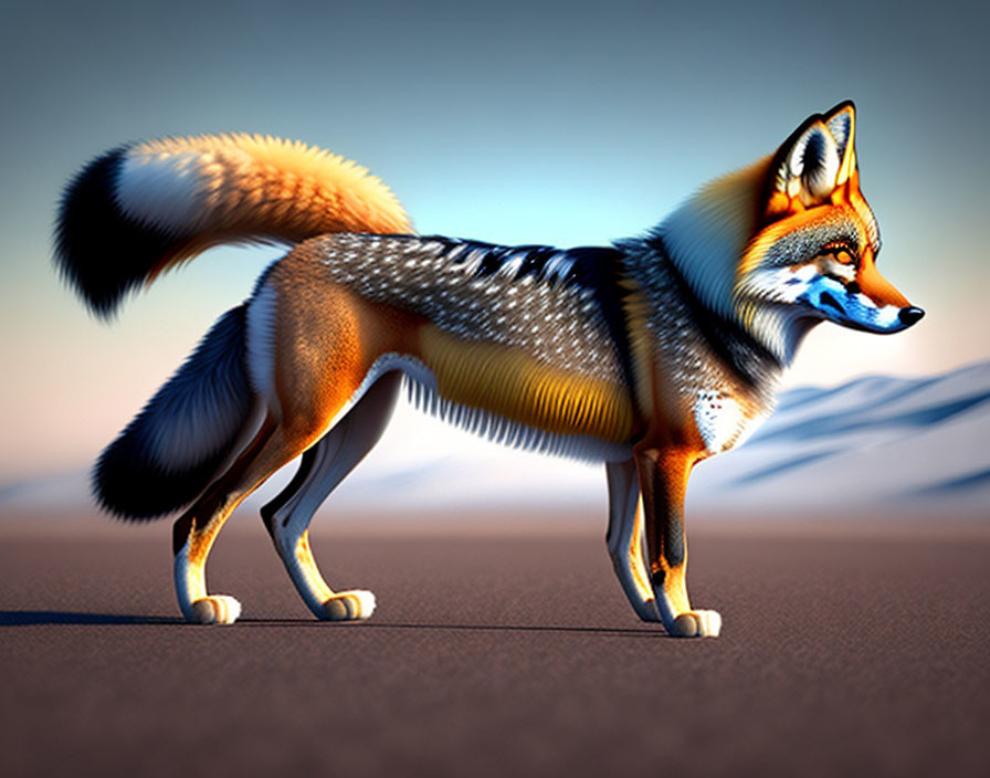 Vibrant fox digital art in desert landscape at sunrise/sunset