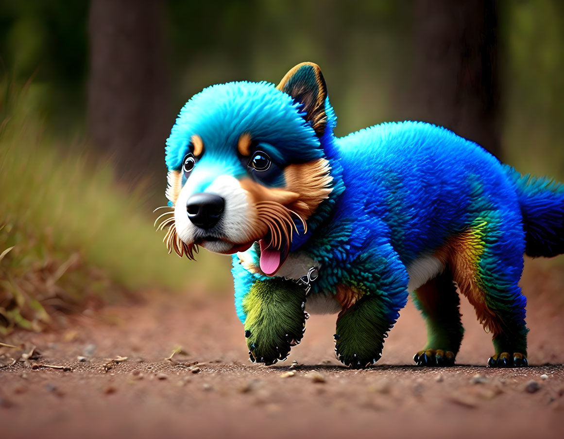 Blue-furred puppy walking on dirt path, tongue out