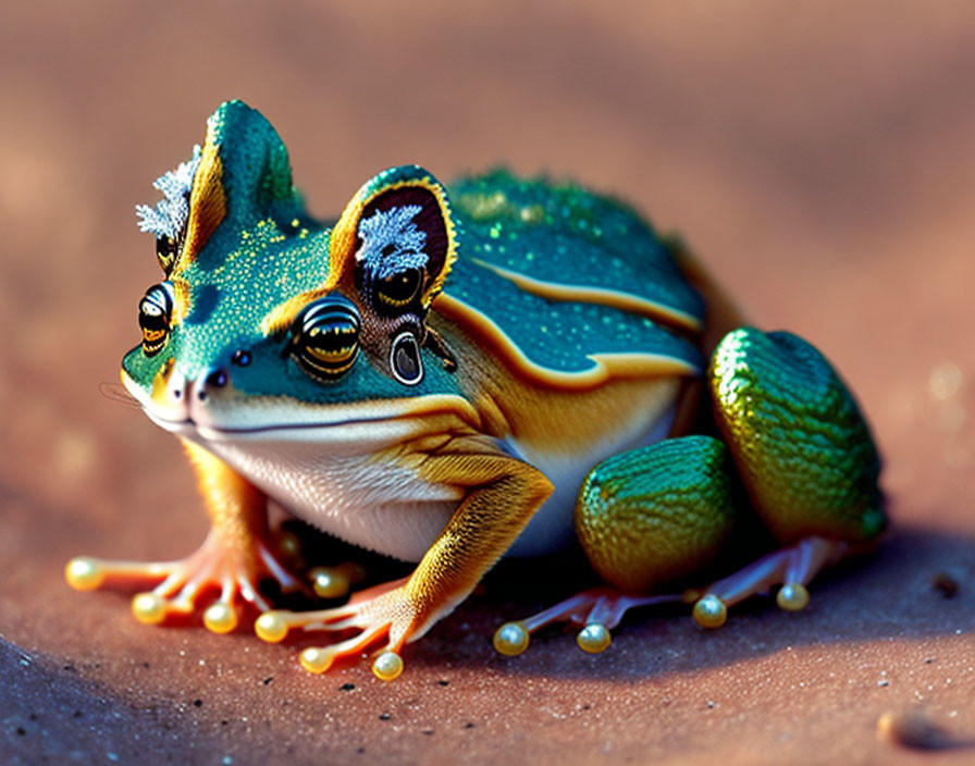 Vibrant frog with intricate patterns and dewdrops, white feather on head