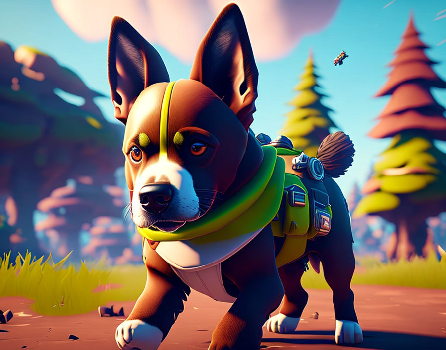 Stylized animated corgi in vibrant cartoon landscape