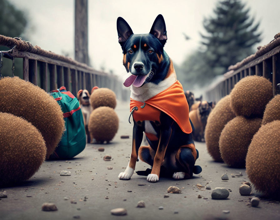 Dog in Orange Vest Sitting on Bridge with Backpack and Round Shrubs