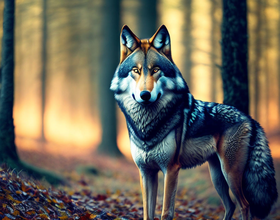 Detailed wolf in sunlit forest with autumn backdrop