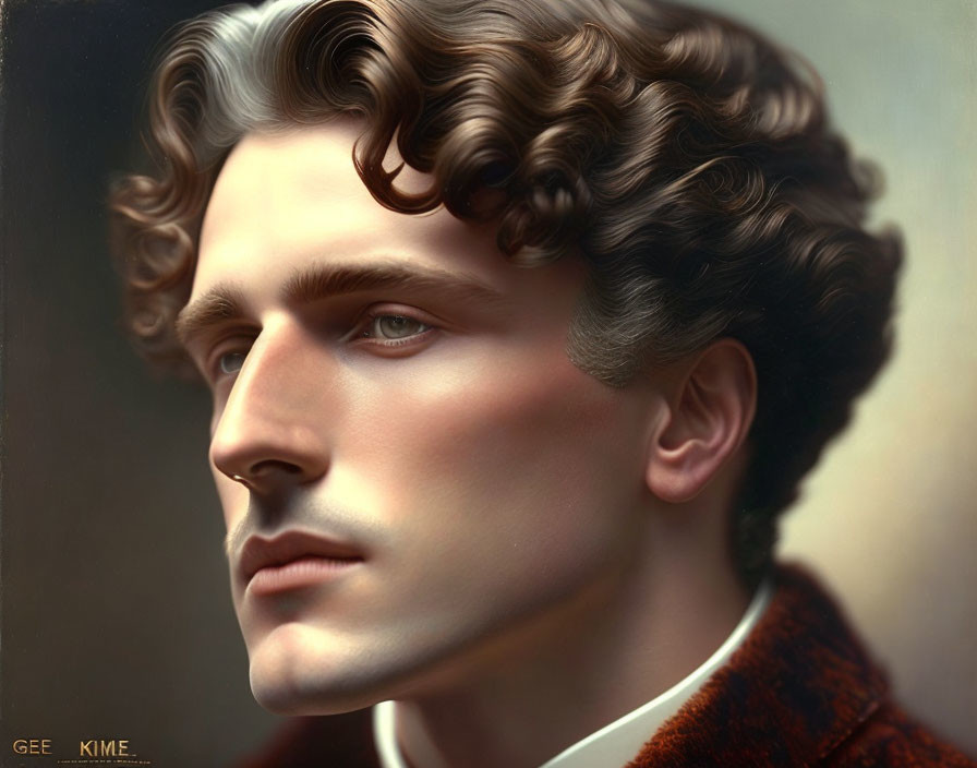 Photorealistic painting of young man with curly hair in brown garment