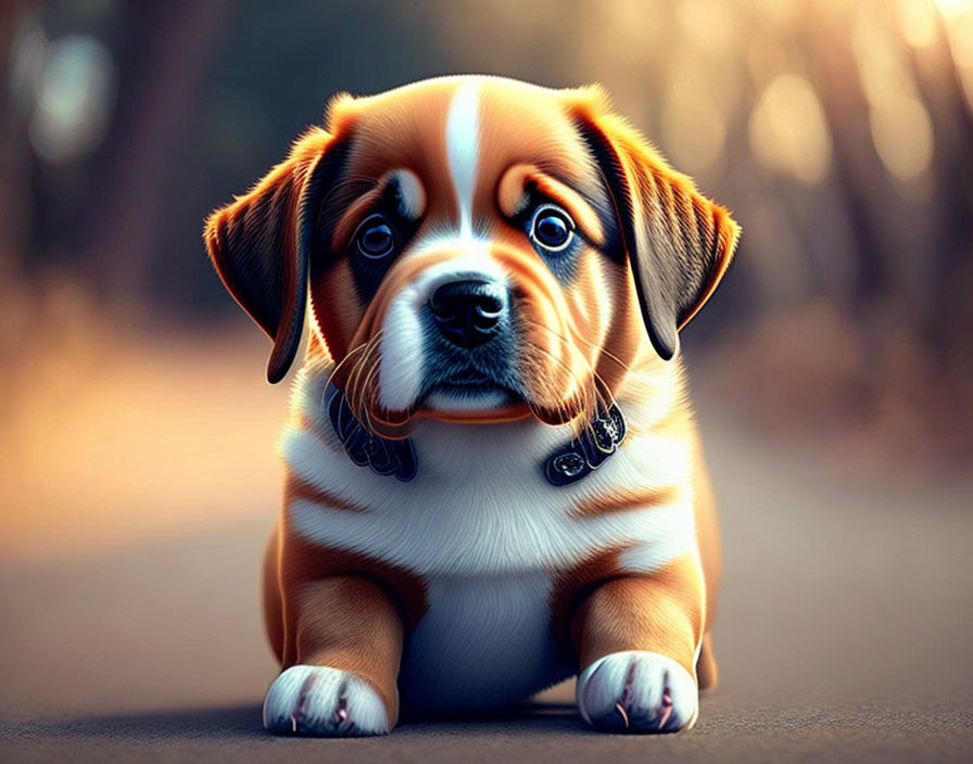 Brown and White Wrinkled-Faced Puppy with Sad Eyes on Road