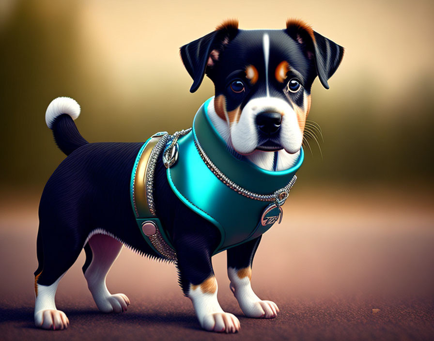 Tricolor puppy with teal harness and silver tag on blurred background