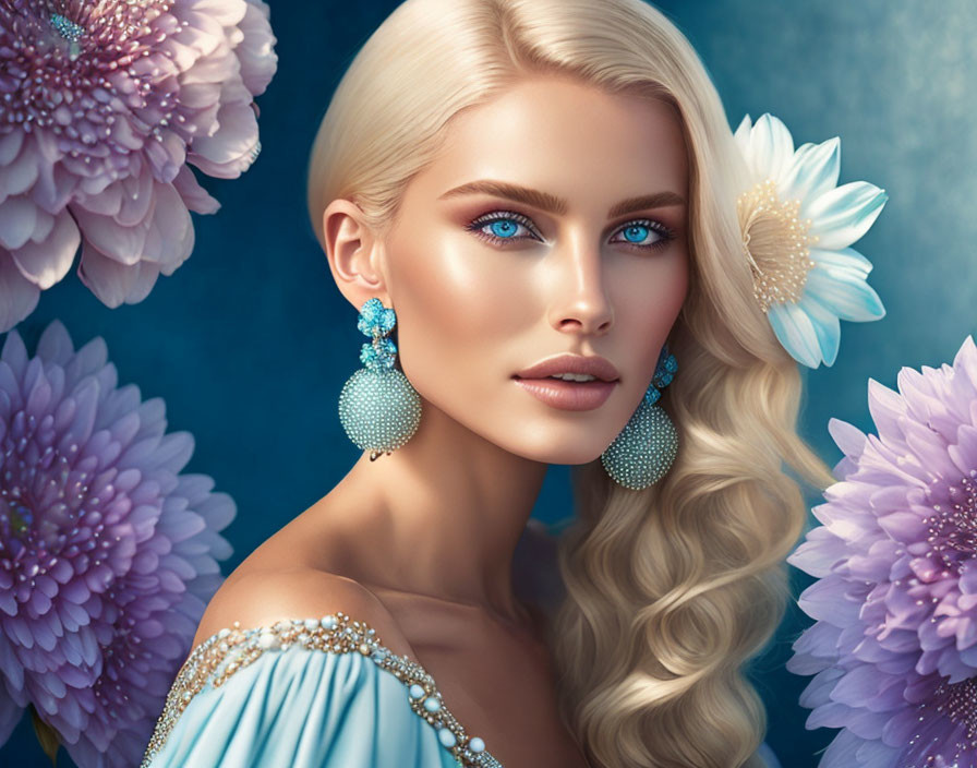 Blond Woman Portrait with Blue Eyes and Earrings Among Purple Flowers